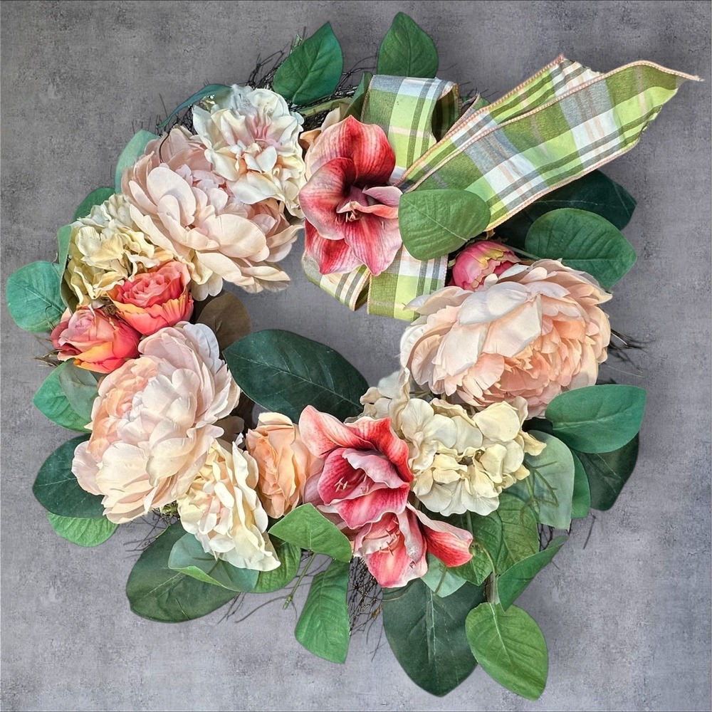 Spring Floral‎ Wreath Peony Hydrangea Faux Flowers Green Plaid Bow 22"